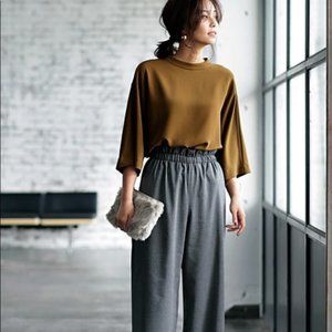 High Waist Gathered Stripe Wide Leg Pants - Grey